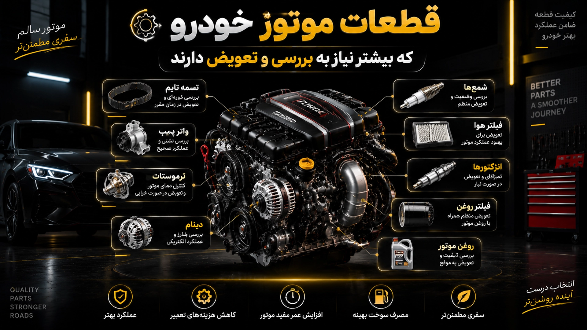 قطعات موتور خودرو که بیشتر نیاز به بررسی و تعویض دارند